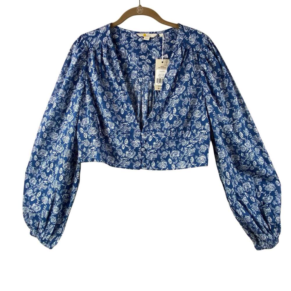 Boden Floral Cropped Blouse Size 12 Blue 100% Cotton New With Tags
